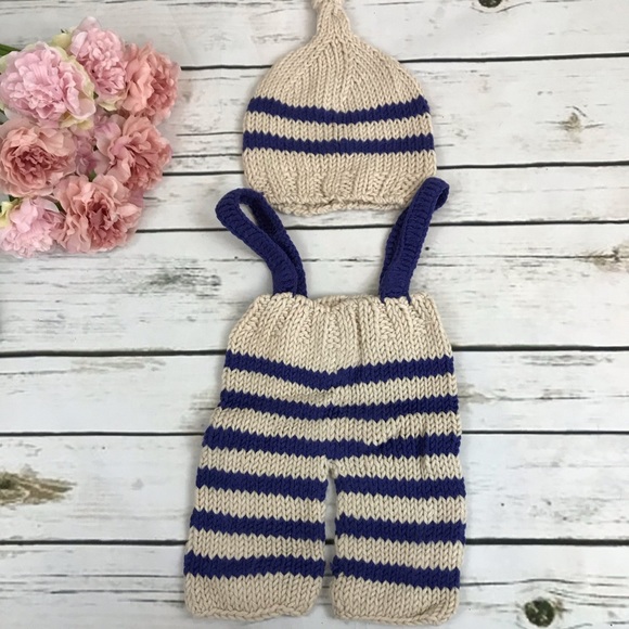 Newborn Baby Hand Knit Blue & Khaki Outfit Photography Prop - Picture 9 of 11